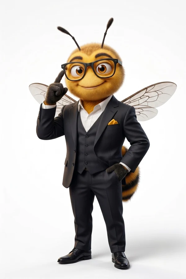 Buzz, the BuzzCraft bee mascot in a charcoal three-piece suit, holding a clipboard-ready pose